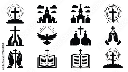 Christianity symbols and icons set including crosses churches holy book and praying hands in black silhouette on white background