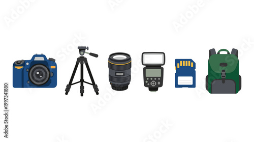 vector Photography equipment includes a blue camera, tripod, lens, flash, memory card, and a green backpack.