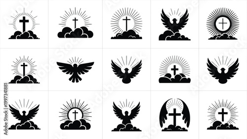 Collection of black silhouette icons featuring angels crosses and sunbursts on clouds symbolizing faith and spirituality