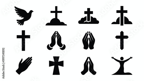 Vector illustration of various religious symbols and prayer icons including crosses praying hands and a dove on a white background