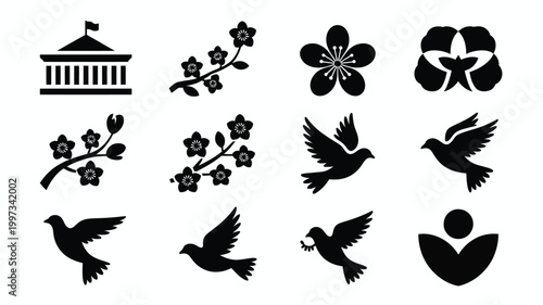 Minimalist logo collection featuring birds flowers and eco friendly symbols on white background