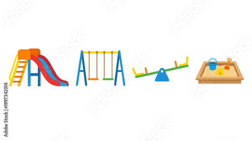 vector A collection of empty, colorful playground equipment stands ready for children's outdoor fun.