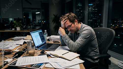 Businessman stressed at night in office, overwhelmed by work and deadlines, suffering burnout.