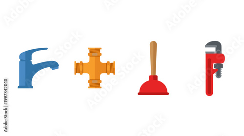 vector Essential plumbing tools like a faucet, pipe fitting, plunger, and wrench are neatly displayed.