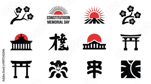 Japanese constitution memorial day symbols and icons set featuring sun flowers gates and characters on white background