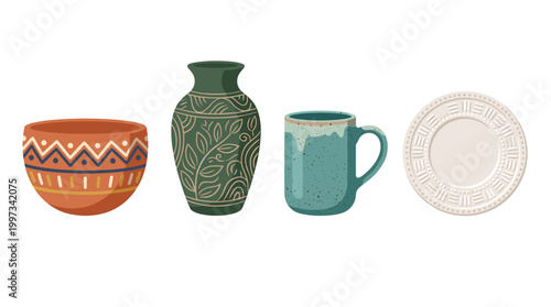 vector A delightful collection of rustic ceramic kitchenware featuring a patterned bowl, ornate vase, mug, and plate.