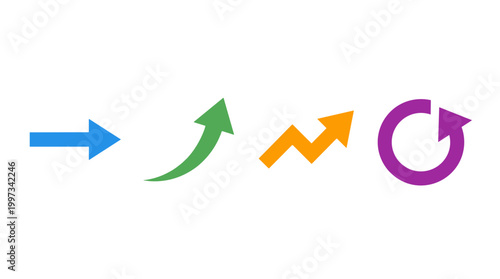 vector A horizontal blue arrow, a green rising arrow, a zigzag orange arrow, and a purple recycle symbol are displayed.