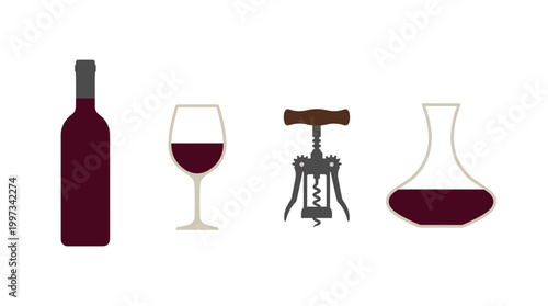 vector Essential wine accessories are showcased, including a bottle, a glass, a corkscrew, and a decanter with red wine.