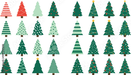 Colorful patterned Christmas tree vector set with striped, dotted, swirl, decorated and plain designs in red green mint festive holiday collection