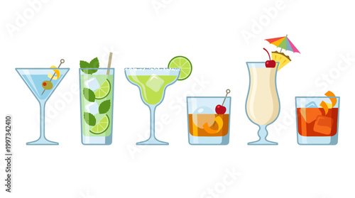 vector A vibrant selection of six classic and tropical cocktails, each garnished distinctly, is presented.