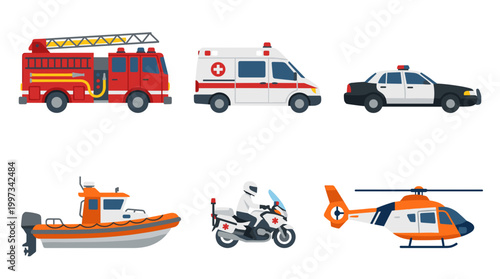 vector A diverse collection of six essential emergency and rescue vehicles presented in a flat style.