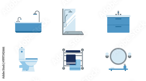 vector A comprehensive set of modern bathroom fixtures illustrates essential elements of home renovation.