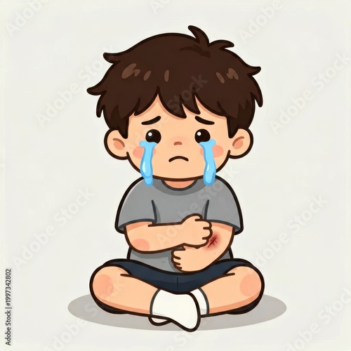 Sad Cartoon Boy Crying with Tears and Arm Injury