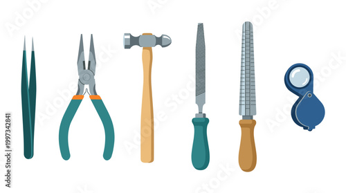vector A detailed collection of specialized tools is presented for the intricate craft of jewelry making.
