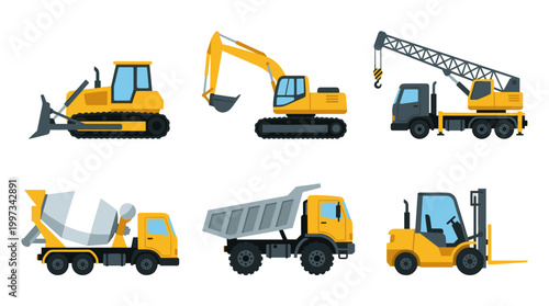 vector A set of yellow construction vehicles are displayed in a top-down arrangement on a white background.