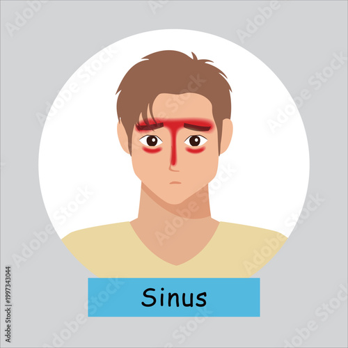 Male Character with Sinus Headache and Pressure Pain Location Vector Illustration