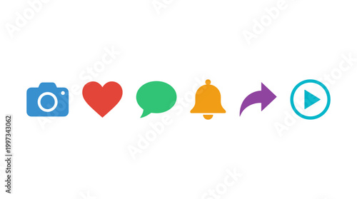 vector A row of six colorful social media notification and interaction icons on a white background.