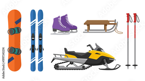 vector A comprehensive collection of various winter sports equipment and gear is displayed on a white background.