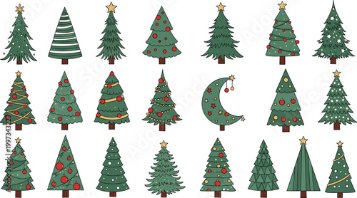 Hand drawn Christmas tree vector set with doodle style decorated pine trees star topper ornament balls crescent moon festive holiday collection design
