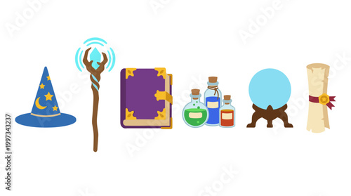 vector A mystical assortment of wizard and magic-themed items, featuring a hat, staff, spellbook, potions, and crystal ball.