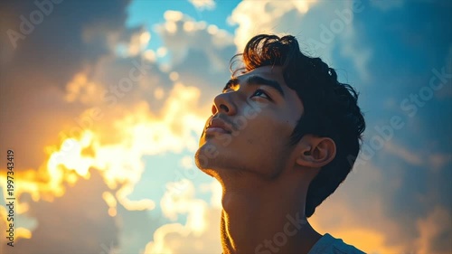 A young man gazes upwards at a brilliant, golden sunset sky