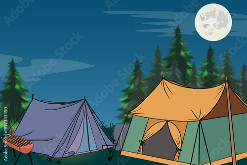 Camping campfire forest landscape and outdoor travel theme. Hand drawn illustration  hiking gear and nature
