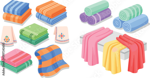 Colorful Towel Set with Rolled and Folded Towels in Vibrant Stripes and Solid Colors for Bathroom, Beach, and Household Use