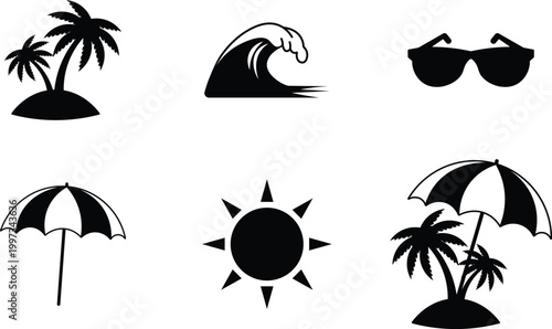 Black silhouette of tropical island palm trees ocean wave sunglasses sun and beach umbrella