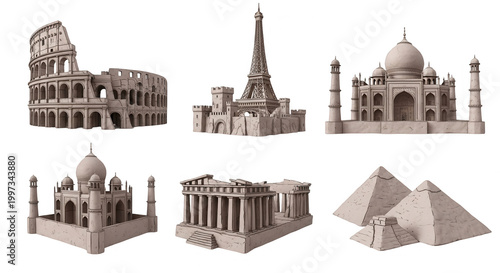 3d model replicas of famous world landmarks against a white background educational or travel concepts