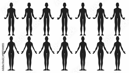 A diverse assembly of sixteen generic human silhouettes standing upright with arms relaxed at their sides, representing a wide range of male and female body types and the general human form.