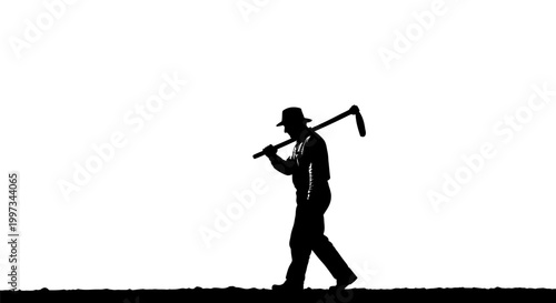 Man carrying an axe on shoulder.
