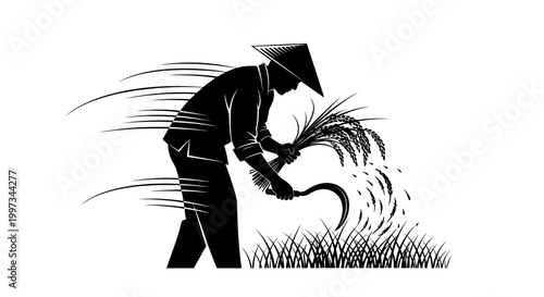 Man cutting grass with scythe outdoors.