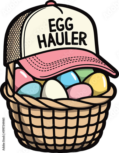 A festive easter basket filled with colorful painted eggs and a funny egg hauler trucker hat Vector