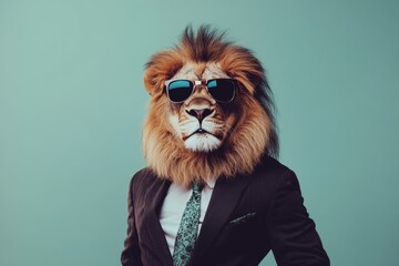 Cool lion dressed in fashion jacket and tie poses with sunglasses on plain background for stylish photo shoot