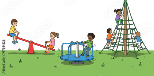 Children Playing on Playground Equipment including See-Saw, Merry-Go-Round, and Climbing Net for Fun and Active Outdoor Play