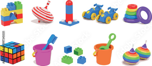 Colorful Toy Set Featuring Building Blocks, Spinning Tops, Toy Cars, and Puzzles for Kids' Playtime, Learning, and Fun Activities
