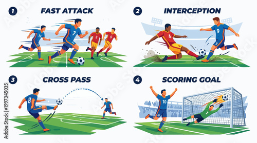 A comprehensive collection of vector illustrations featuring soccer players and silhouettes competing on a green grass field during a professional football match.