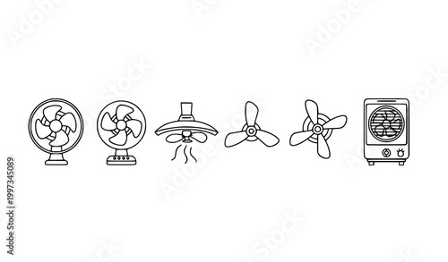 Fan and propeller outline icons set with cooling ventilation and air flow symbols editable stroke vector EPS 10