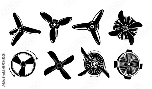 Stylized fan and propeller icons with dynamic airflow and cooling system symbols vector EPS 10