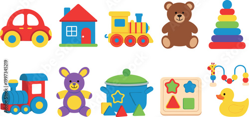 Colorful Toy Set Featuring Car, House, Train, Bear, Bunny, Duck, and Stacking Rings for Toddlers, Early Learning, and Playtime