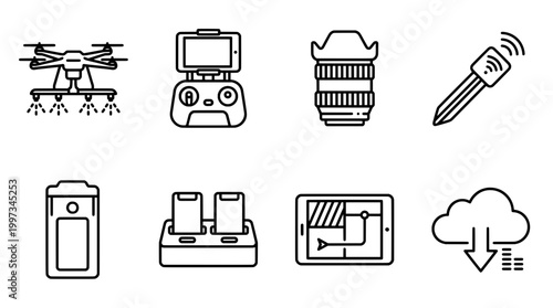 Modern technology icons drone camera remote control cloud storage