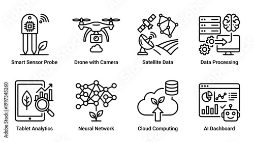 Modern technology icons smart sensors drones data processing and ai concepts