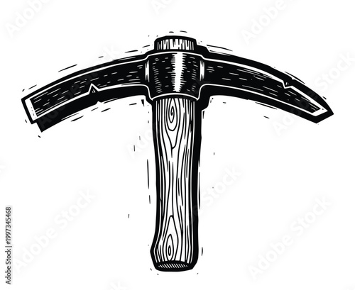 Vector illustration of an old-fashioned pickaxe tool with wooden handle.