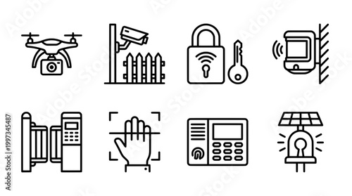 Security and surveillance vector icons set representing protection systems