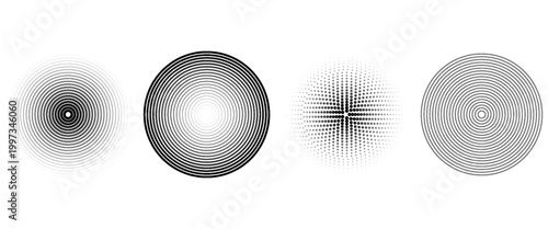 Black concentric circle set. Sonar or sound wave ring collection. Dotted and linear epicentre, target, radar icon concept. Ripple radial signal or vibration elements. Vector line and halftone symbols