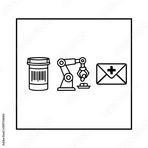 Medical robotics and automation in healthcare.A medical robotic arm and pill bottle with barcode, symbolizing automation in healthcare and pharmaceuticals.