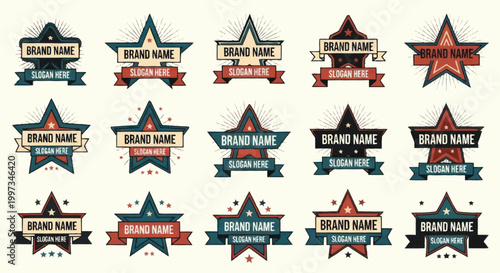 Collection of Star Shaped Brand Name Logos with Ribbons.