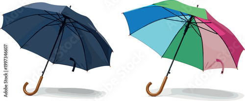 Colorful Umbrella Set with Curved Handles in Navy Blue, Multi-Color, and Pink for Rain Protection, Outdoor Gear, and Travel Accessories