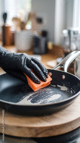 Melamine sponge in black gloved hand wipes nonstick frying pan surface for household cleaning and everyday kitchen upkeep.