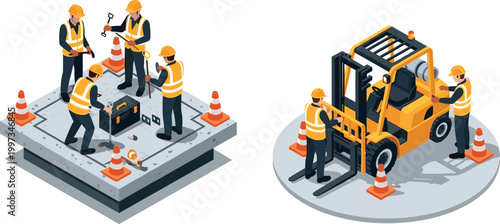 Construction Workers with Equipment and Forklift in Industrial Setting for Building, Engineering, and Site Management Design Projects